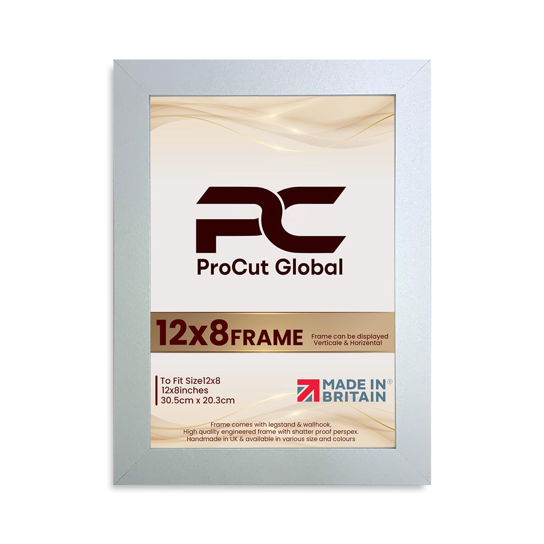 Procut Global 12X8 Silver Picture Frames - Modern Wooden Photo Frame with Shatterproof Perspex for Wall or Tabletop - Perfect for Posters, Certificates, Prints - Sizes & Colors Available