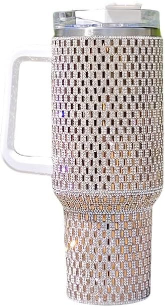 40 Oz Rhinestone Stainless Steel Tumbler With Handle & Straw Vacuum Insulated Bling Cup Made Premium Rhinestones, Metal Travel Coffee Mug, Bling Reusable Water Bottle -Gold
