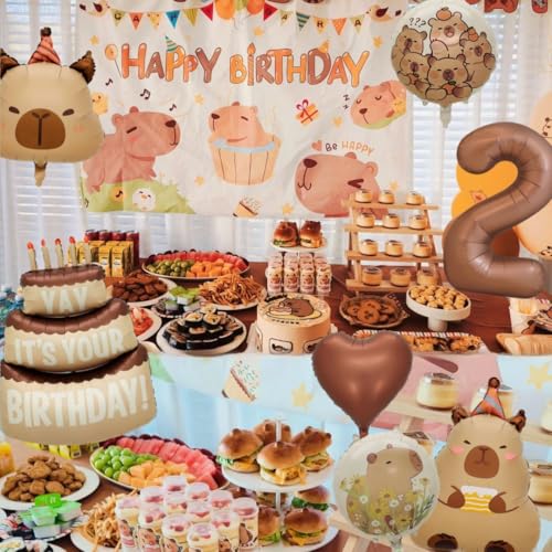 Image of Capybara Birthday Foil Balloon Set, 8-Piece Party Decor (2) | Reusable foil balloon set with capybara, cake,number . Perfect for birthday, baby shower, gender reveal & themed parties