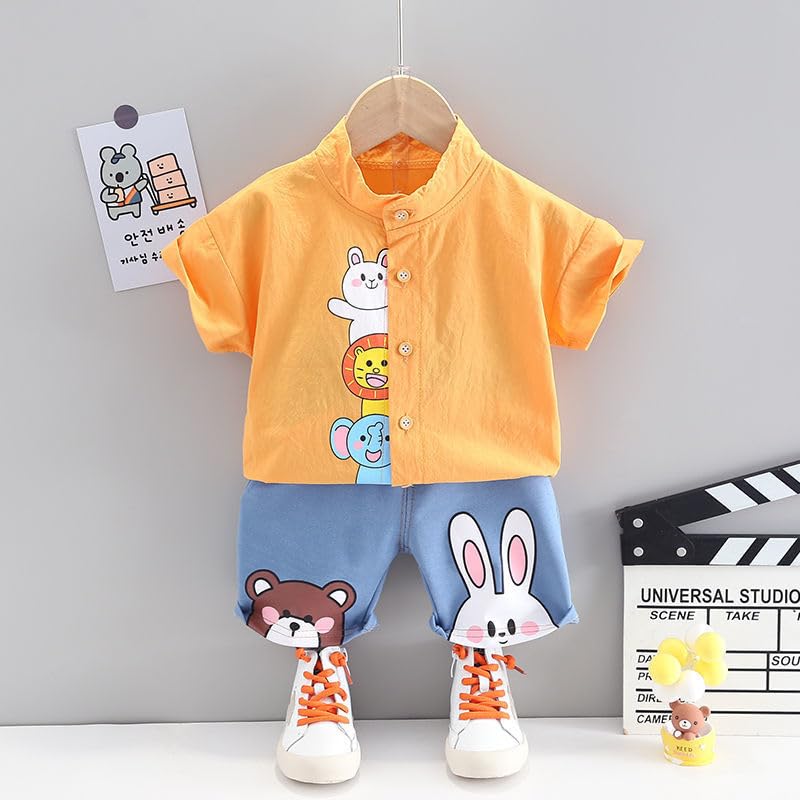 Image of Bold N Elegant Boys Cartoon Cotton Shirt Denim Shorts Set