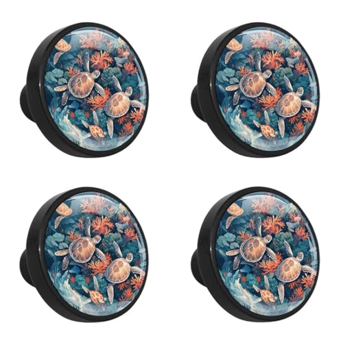 NUEAHEDN 4 Pieces Dresser Knobs for Drawer Marine Coral Turtle Kitchen Cabinet Knobs Round Door Pull Handle for Home Nursery Furniture Cupboard