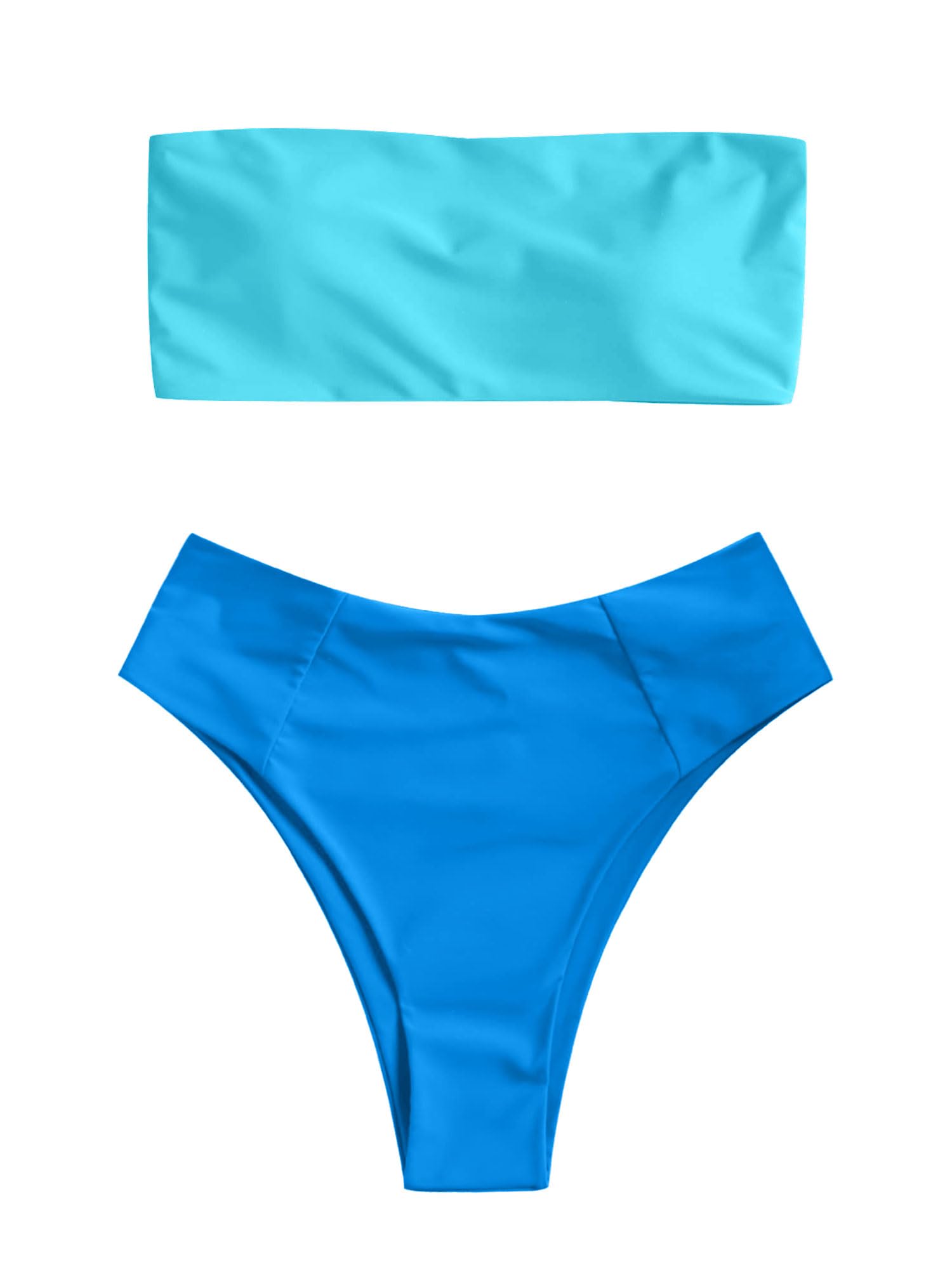 ZAFUL Women's High Cut Bandeau Bikini Set Strapless 2 Pieces Bathing Suit | Solid Color Swimsuit High-waisted Bikini Set