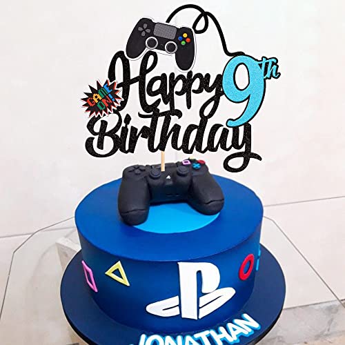 1 PCS Video Game Happy 9th Birthday Cake Topper Glitter Video Game Cake Pick Game On Controllers Nine Cheers to 9 Years Cake Decoration for Happy 9th Birthday Party Supplies Blue