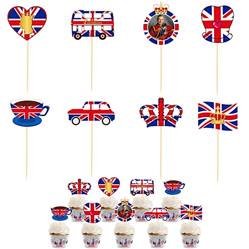Union Jack Cake Decorations Cake Toppers Cocktail Sticks,8P Union Jack Flag King Charles III Cake Toppers Cupcakes Picks Toppers for VE Day 80th Anniversary Decorations,Union Jack Party Supplies