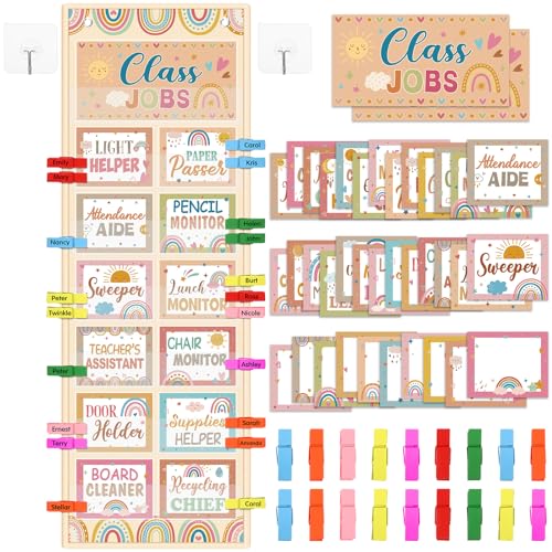 Blosssound Class Jobs Pocket Chart with 31 Cards 40 Colored Clips Classroom Teacher's Helper Management Educational Pocket Chart Bulletin Board Decorations Preschool Supplies (Boho)