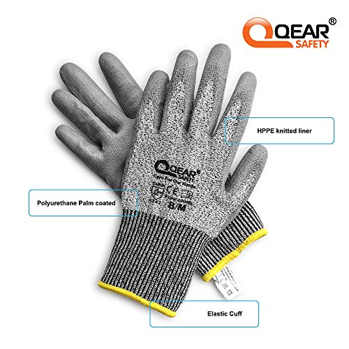 QEARSAFETY 10 works Lightweight Cut Protect Level 3 Work Gloves, HPPE Yarn Lnitted Liner, Thin PU Coated Palm, Breathable - Image 3