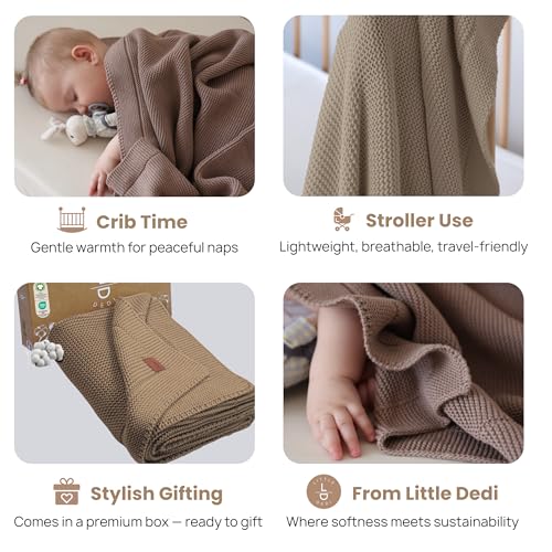 Image of Organic Cotton Baby Blanket 30x40 in, Mocha Meringue - GOTS Certified, Soft Knit Swaddle with Gift Box, Breathable Nursery Blanket for Crib & Stroller, Machine Washable