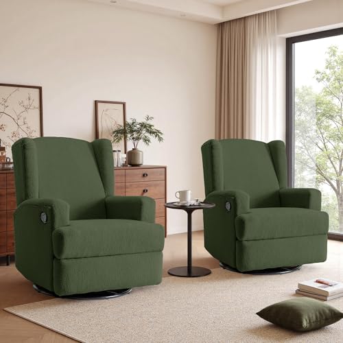 Image of Swivel Rocker Recliner Chairs Set of 2, 360 Swivel Wingback Recliner Chairs for Adults, Upholstered Boucle Fabric Glider Rocking Chair with High Back, Deep Seat for Living Romm Bedroom, Green