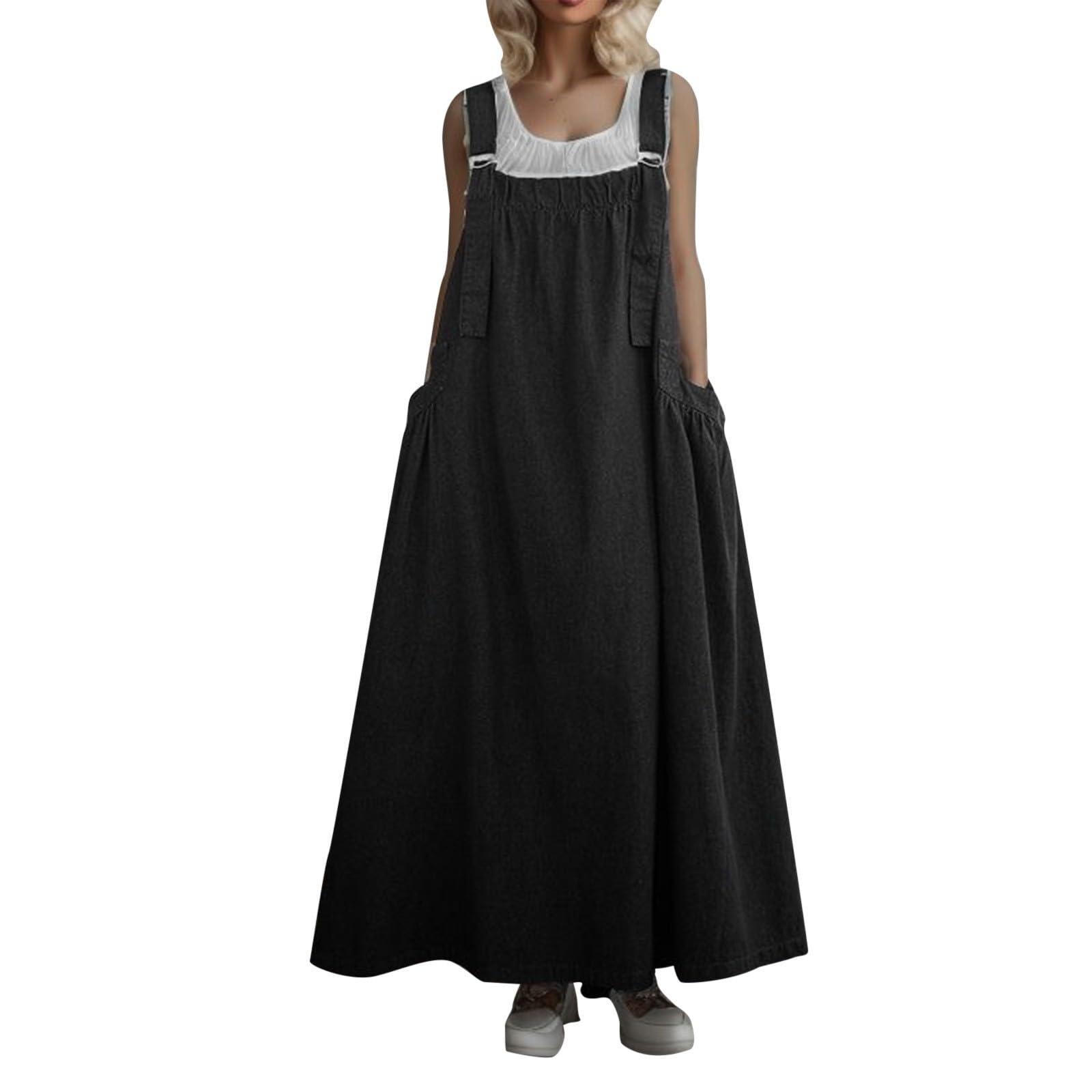 Robe en Jeans Jupe Salopette Femme Grande Taille Maxi Robe Été Vintage Robe en Denim Chic et Élegant Jarretelles Jupe Longue Robe avec Boutons Salopette Longue à Bretelle sans Manche