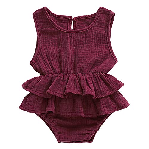 Kayotuas Newborn Infant Baby Girl Cotton Linen Romper Jumpsuit Sleeveless Skirted Bodysuit Tutu Dress Outfits Clothes (Wine red Sleevless, 12-18 Months)