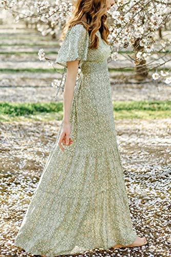 Image of Kranda Women 2025 Summer Fall Crewneck Short Sleeve Smocked Floral Maxi Dress