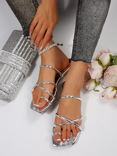 Image of GORGLITTER Women's Metallic Strappy Sparkly Square Toe Cute Dressy Sandals | Sandals Women Comfortable, Dressy Sandals, Slip on Slides, Rose Gold Slipper, Summer Slides