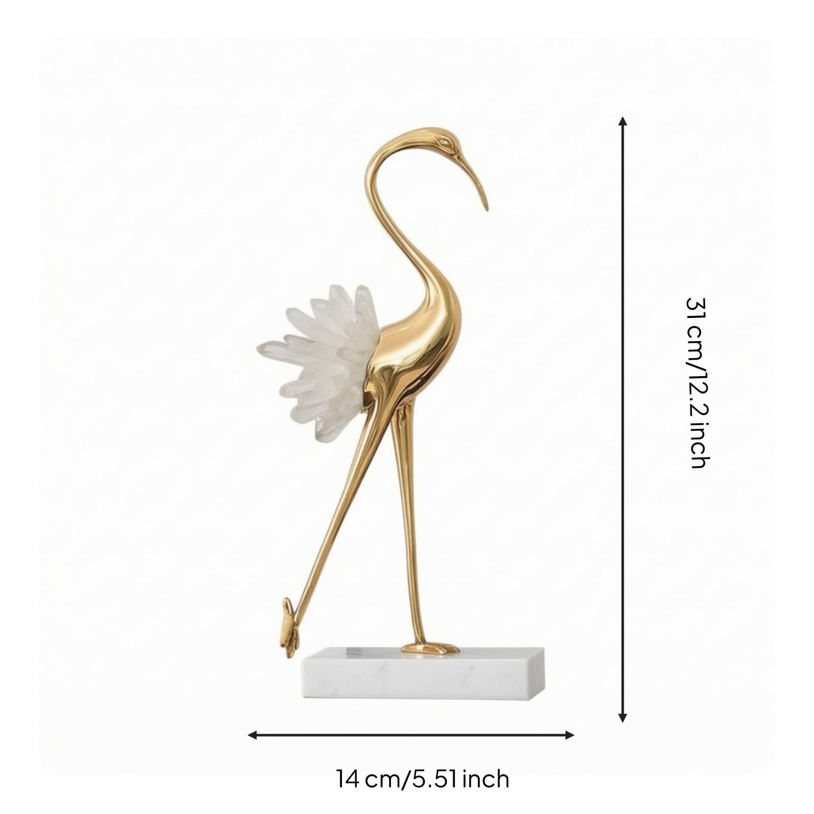 F Fityle Escultura Decorativa Estatua Figura Adorno con Texturas de Lujo en Cobre y Cristal Base de Mármol Antideslizante Brillo, Blanco, Grulla Izquierda Normal