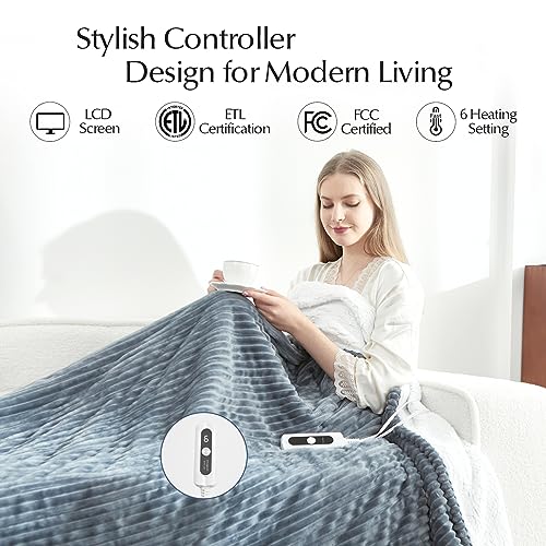 Electric Heated Twin Flannel Blanket, Auto Safety System, 6 Heating Levels, 10 Hour Auto-Off, 62"x84", Dark Grey