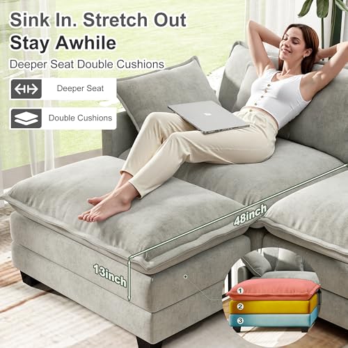 Image of 146 inch Cloud Couch Sectional Modular Sofa, Deep Seat Couches with Ottoman and Removable Washable Pillows for Living Room, Bedroom, Apartment, Light Grey