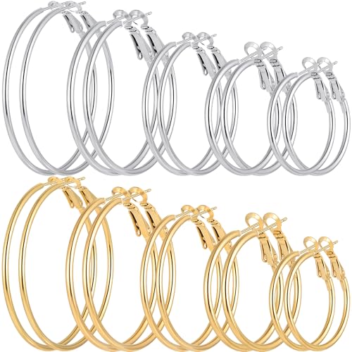 Cuicanstar 10 Pairs Stainless Steel Gold Plated Hoops Silver Plated Hoop Earrings for Women Hypoallergenic Dainty Big Hoop Earrings Lightweight Large small hoop Loop Earrings Set