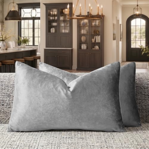 Image of GIGIZAZA 12x20 Velvet Small Pillow Covers, Set of 2 Dark Grey Lumbar Throw Pillows Modern Covers for Living Room Decorative Luxury Solid Couch Sofa Pillow Cases