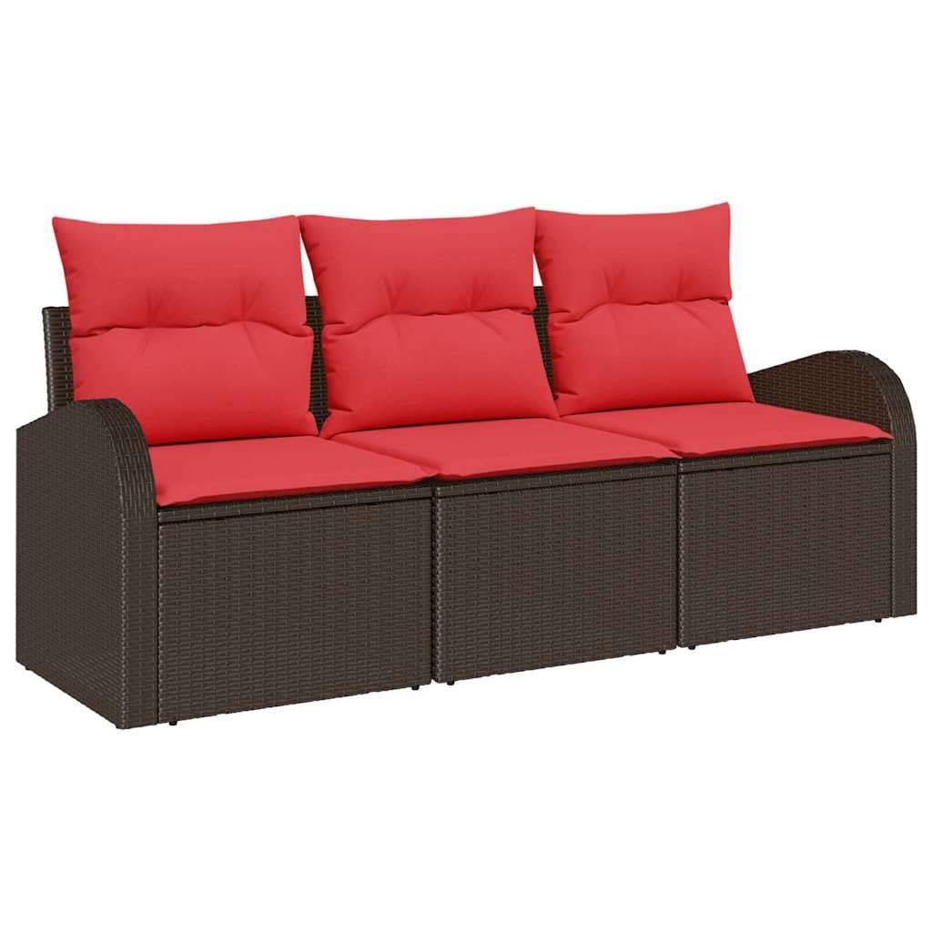 Ensemble de Canapé de Jardin 3 Pièces en Poly Rotin Marron et Rouge, Salon de Jardin Modulable avec Rangement, Mobilier d'Extérieur pour Terrasse et Patio