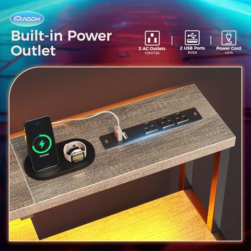 Image of AODK Computer Desk, 48 Inch Gaming Desk with Led Lights & Power Outlet, Office Desk with Storage Shelves, Reversible Desk with Monitor Shelf & Headphone Hook, Grey Oak