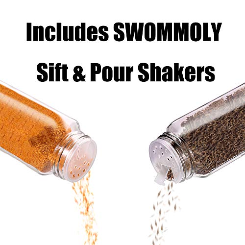 SWOMMOLY Spice Rack Organizer with 24 Empty Round Spice Jars, 396 Spice Labels with Chalk Marker and Funnel Complete Set, for Countertop, Cabinet or Wall Mount