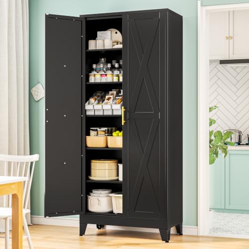 Image of PAOFIN 75 inch H Tall Kitchen Storage Cabinet with Doors | Freestanding Pantry Cabinet,Farmhouse Food Storage Cabinets,Tall Cabinets for Kitchen, Dining Room, Living Room(Black)