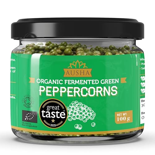 Ausha Organic Green Peppercorns 100g - 1* GREAT TASTE AWARD 2025 - UK Certified Organic Soil Association - Pickled Peppercorns Fermented in Brine with Turmeric Amla Juice