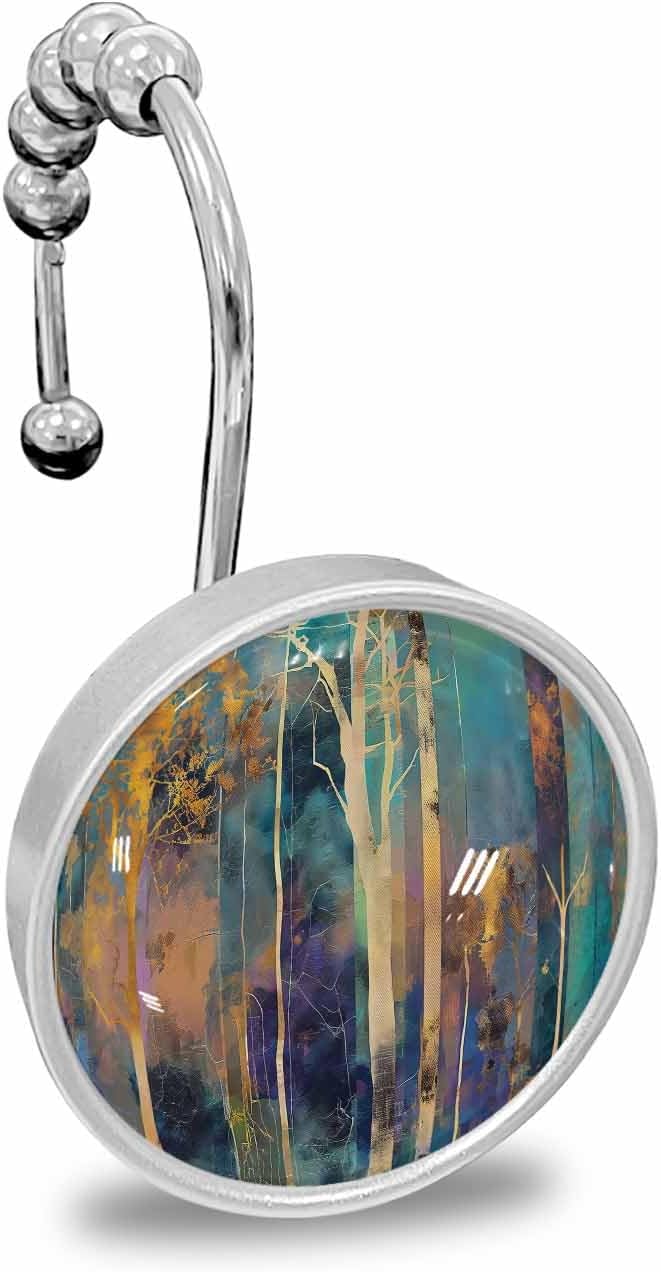 Shower Curtain Hooks 12 Pcs, Abstract Plant Trees Forest Oil Painting Stainless Steel Rust Proof Rolling Shower Curtain Rings, Decorative Shower Curtain Hooks Hangers for Bathroom