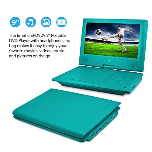 Ematic Portable DVD Player with 9-inch LDC Swivel Screen, Travel Bag and Headphones, Teal - Thumbnail 2