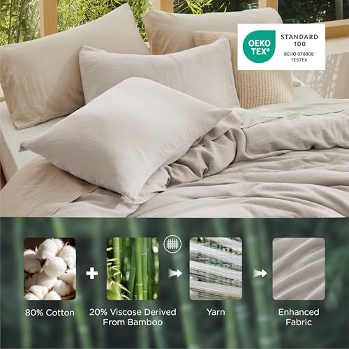 Image of Bedsure Muslin Duvet Cover Queen Size - Cotton Blend Viscose Derived from Bamboo, Cooling Duvet Cover, PureWoven Ultra-Soft & Breathable Bedding Set for All Seasons (Oat Milk, 90 inchx90 inch)