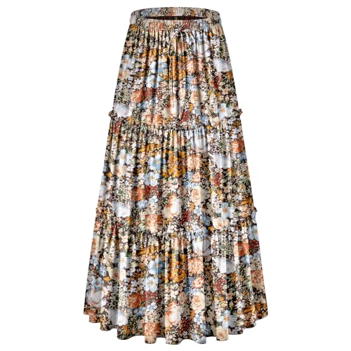 NASHALYLY Womens Flowy Boho Floral Casual Maxi Skirt Elastic High Waisted A Line Tiered Chiffon Vacation Long Skirt(Coffee Floral M)