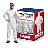 PENTAGON SAFETY EQUIPMENT - Disposable Overalls, Full-Coverage Hazmat Suit with Hood, Overalls for Men/Women, Pack of 5 White Coveralls for Extreme Work Environments & Various Applications, Large