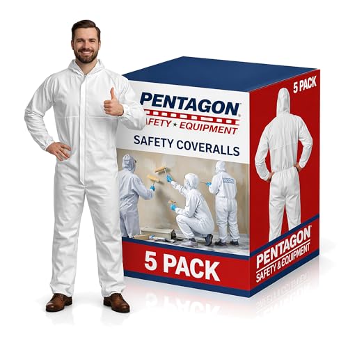 PENTAGON SAFETY EQUIPMENT - Disposable Overalls, Full-Coverage Hazmat Suit with Hood, Overalls for Men/Women, Pack of 5 White Coveralls for Extreme Work Environments & Various Applications, Large