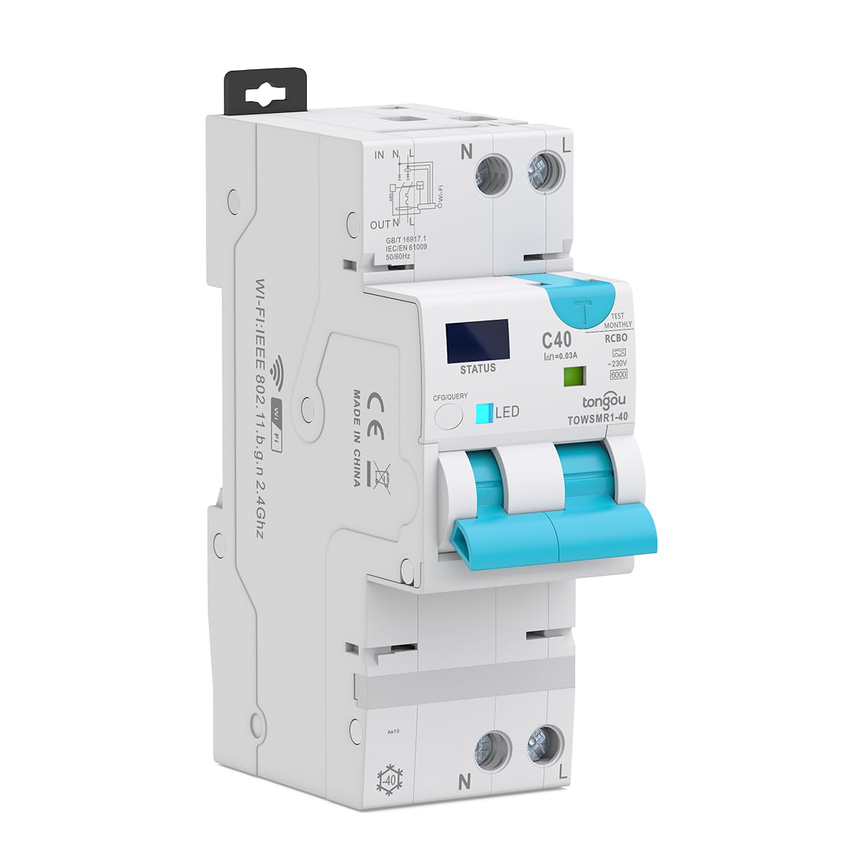 TONGOU 1-40A 1P+N Type A Smart RCBO Wifi Circuit Breaker,Supports Detection of 30mA Leakage Current, With Automatic Reclosing