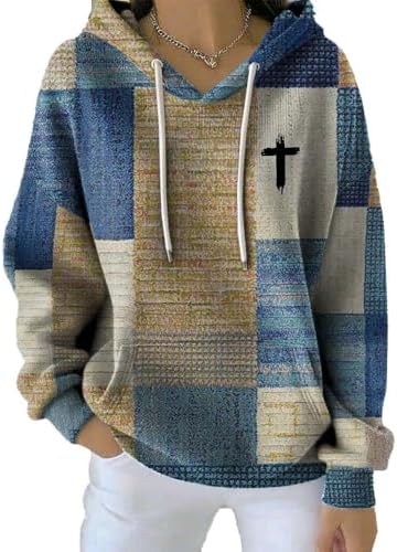 Women's Casual Autumn Faith Contrast Color Square Striped Cardigan Hoodie Fall Christian Sweatshirts for Women Faith Cross Shirt Autumn Christian Cross Tshirt Religious Jesus Tees Blue