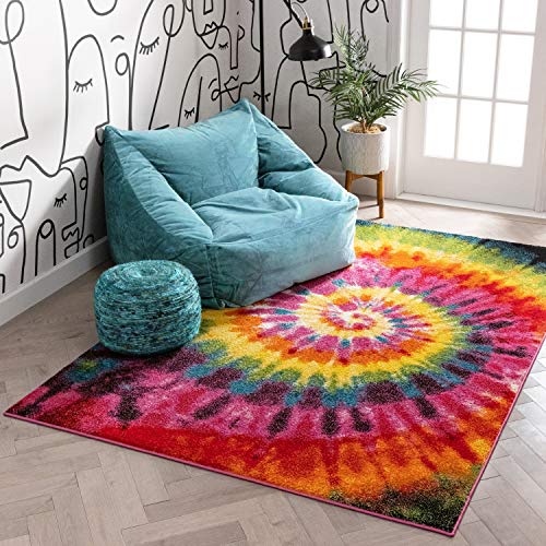 Tie Dye Retro Rainbow Trippy Multi Hippie Red Orange Yellow Green Modern Painting 5x7 (5'3