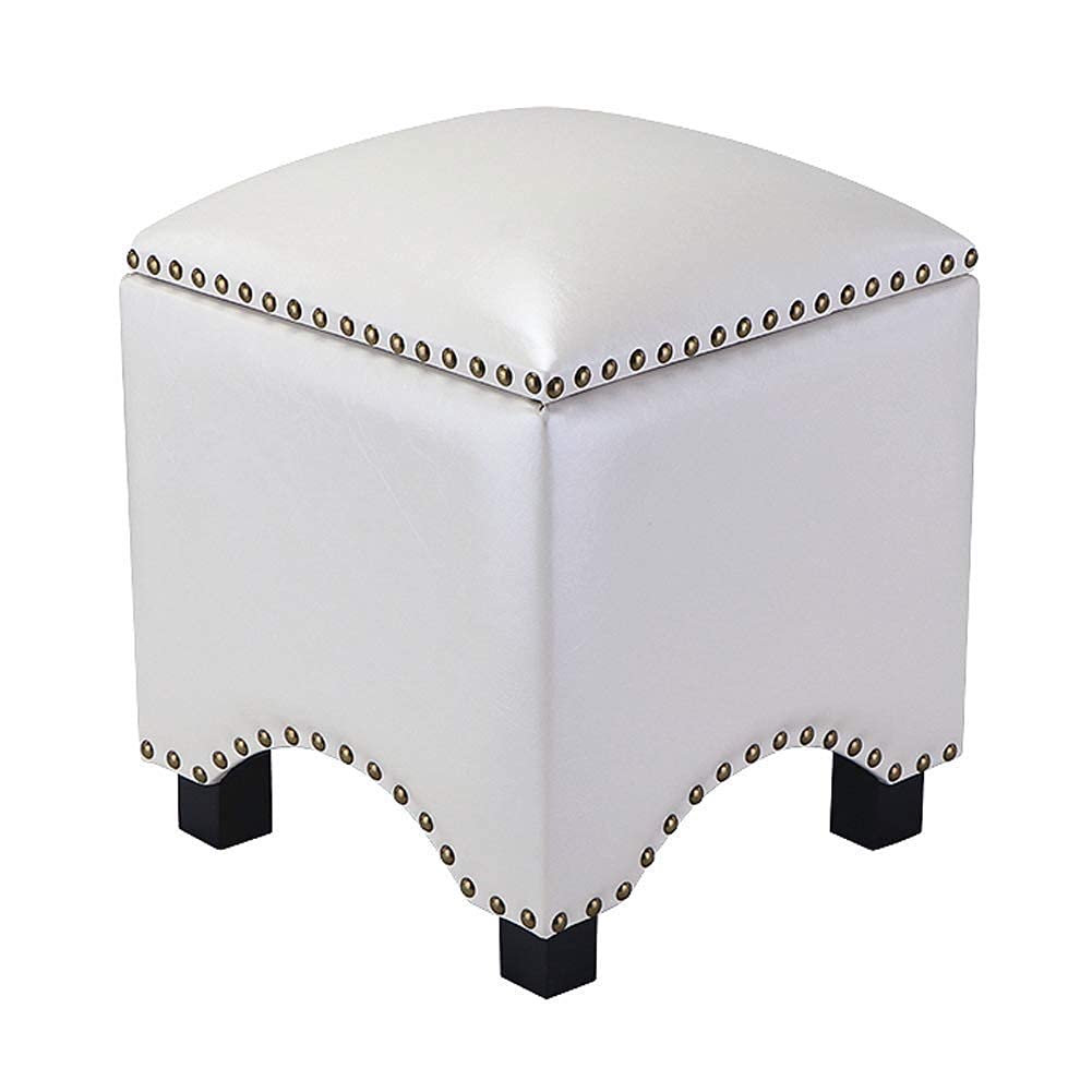 Pouf ottoman en similicuir blanc et pieds en bois massif premium