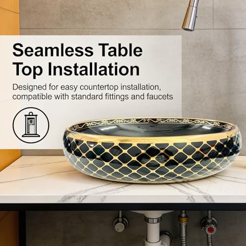 Image of Wallace Luxury Oval Table Top Wash Basin 60x40x15 cm | Premium Ceramic Countertop Vessel Sink with Gold Rim & Geometric Pattern | Over Counter Designer Bathroom Basin Black & Gold