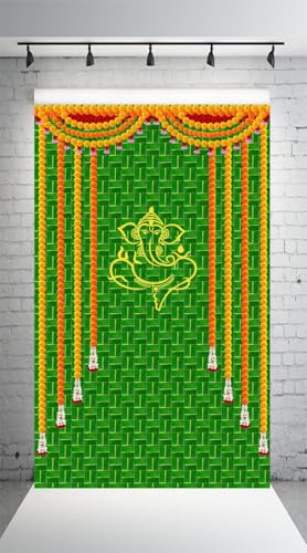Image of DHARA CREATION Divine Ganesha with Hanging Flowers Backdrop - 8ft x 5ft, Premium Polyester Fabric, Ideal for Pooja, Religious Ceremonies, and Home Decor. Washable Fabric, Green