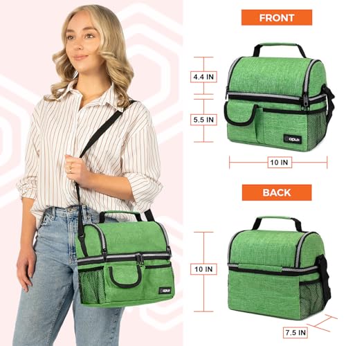 opux Lunch Box for Men, Adult Lunch Box Cooler, Insulated Lunch Bag Women, Dual Compartment Lunchbox for Work, Leakproof Double Decker Lunch Bag, Soft Lunch Pail Tote Boys Girls Kids School, Green - Thumbnail 3