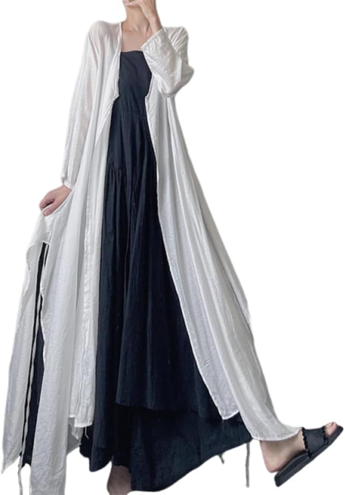 Cotton Linen Zen White Long Cardigan Lazy Loose Irregular Flowy Long Sleeve Open Front Women's Lightweight Trench Coat, One Size