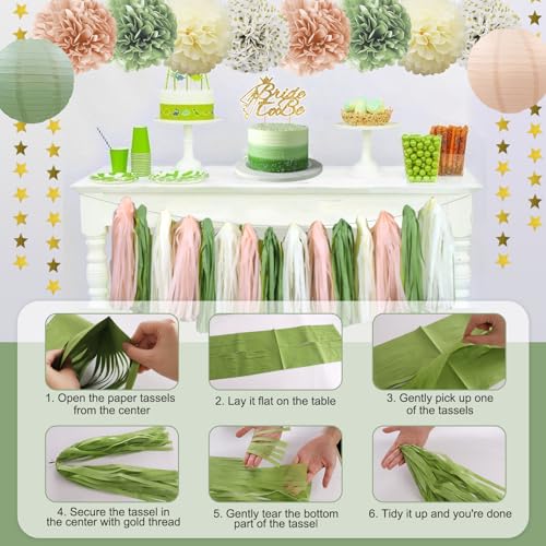 Image of Sage Green Bachelorette Party Decorations, Bride To Be Decorations Include Paper Pompoms Lanterns Fringe Curtain String Tassel Balloon banner for Bachelorette Wedding Bridal Shower Decorations