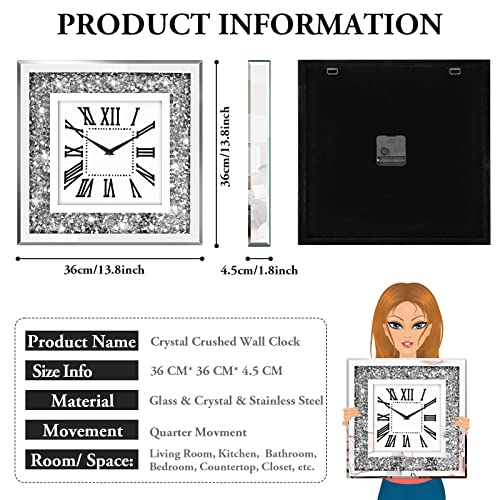 Hoibai Clocks For Living Room Decor Modern Silver Crystal Diamond Clock Large Mirror Deorative Wall Clock For Living Room, Bedroom, Kitchen, Dinning Room, Wall Decoration, Home Decor (Square,13 Inch) #TOP7