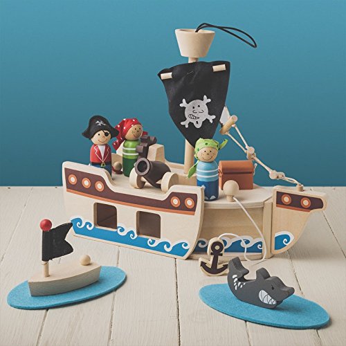 Tobar Piratenschiff aus Holz mit Anker und Segel (32 cm lang, zehnteiliges Spielset) – Bild 6