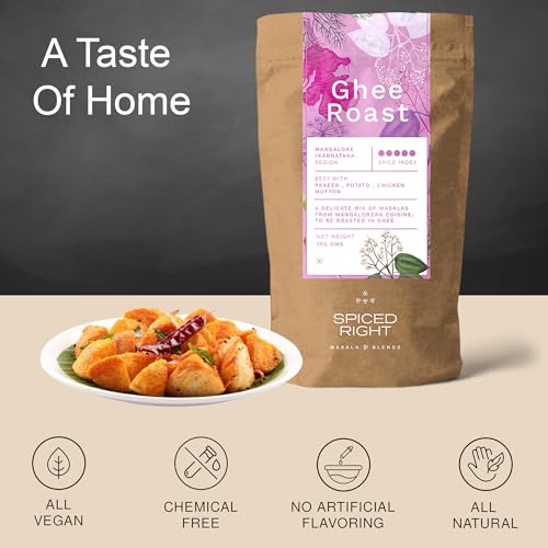 Image of Spiced Right Mangalore Ghee Roast Masala 200gm - Authentic Mangalorean Curry Spice Masala Blend with Garlic for Chicken, Prawn, Mutton, and Veg Dishes - No Artificial Colouring or Flavouring.