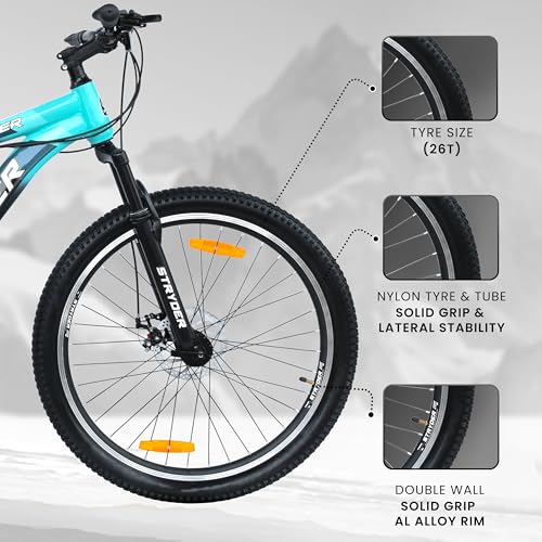 Image of Stryder 26T Krueger 21S Gear Mountain Cycle (Black-Teal Green) - 21-Speed | Front Suspension | Dual Disc Brakes | Steel Frame | Double Wall Alloy Rims | Unisex MTB Bicycle (Black::Teal Green)