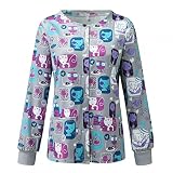 Sonojie Kasacks Damen Pflege Langarm U-Ausschnitt T-Shirt Arbeitsuniform mit Tasche Schlupfhemd Berufskleidung Arbeitskleidung Nurse Uniformen Schlupfkasack Krankenpfleger Tops Cartoon Print Bluse