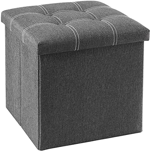 ELECDON 15 inches Storage Ottoman Cube, Foldable Storage Boxes Footrest Step Stool, Padded Seat for Dorm Living Room, Support 350lbs, Line Fabric (Grey)