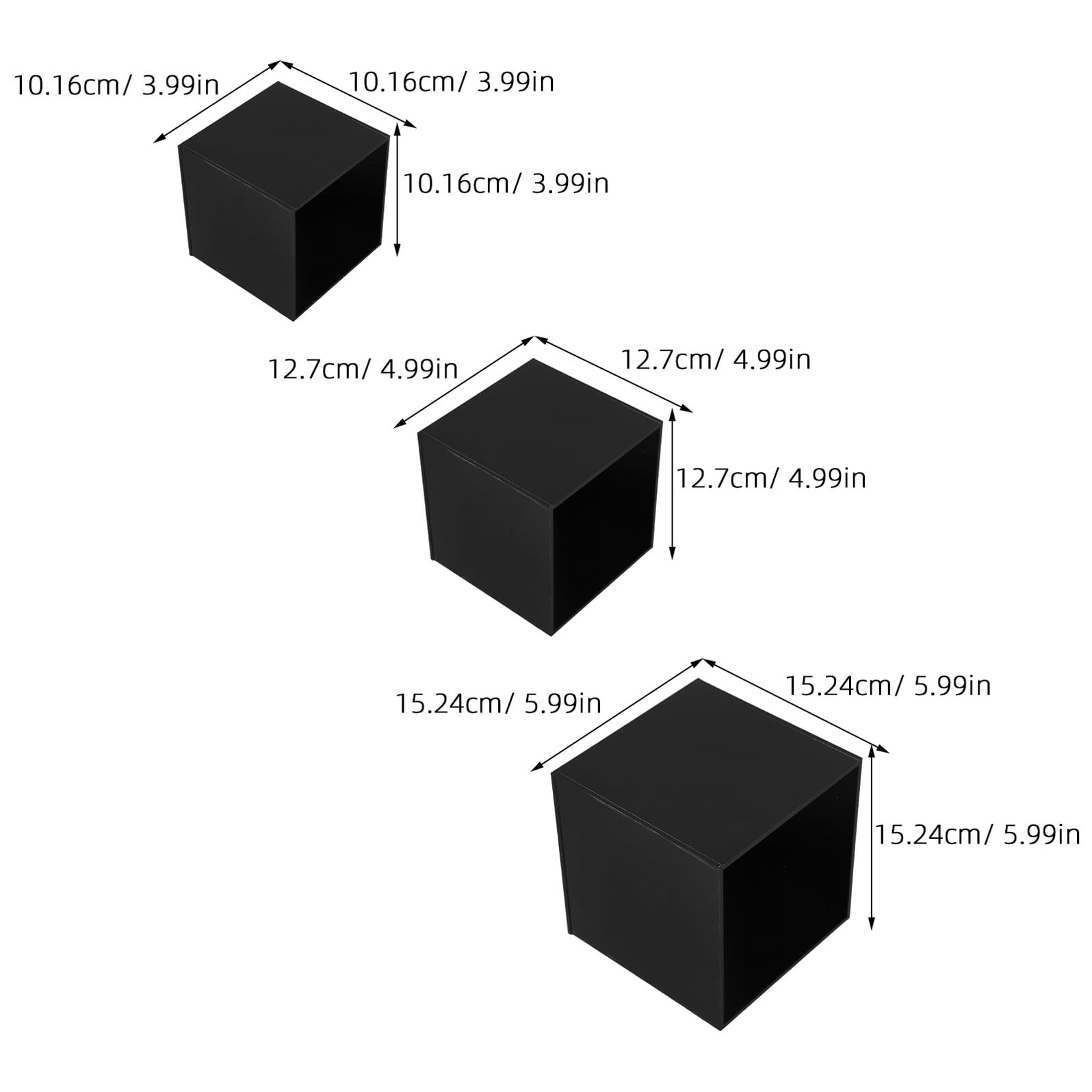 NUOBESTY 3 Pezzi Supporti Espositivi a Cubo in Acrilico Nero Set da 3, Piedistalli Cubici Impilabili 10-15 Cm per Buffet Self-service, Esposizione Collezioni e Negozi al Dettaglio