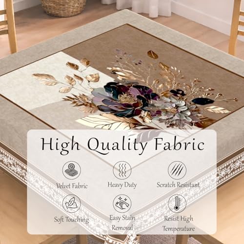 Image of Cloth Fusion Velvet Floral Square Shape Dining Table Cover Cloth 4 Seater with Stunning Gold Foil Design for Home Decor (56x56 Inch Square, Taupe)
