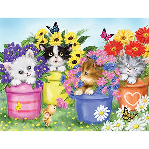 Bits and Pieces – Puzzle de 100 piezas para adultos – Gatos en macetas florales - Rompecabezas colorido con gatitos, flores y mariposas por Makiko, tamaño armado: 15" x 19"